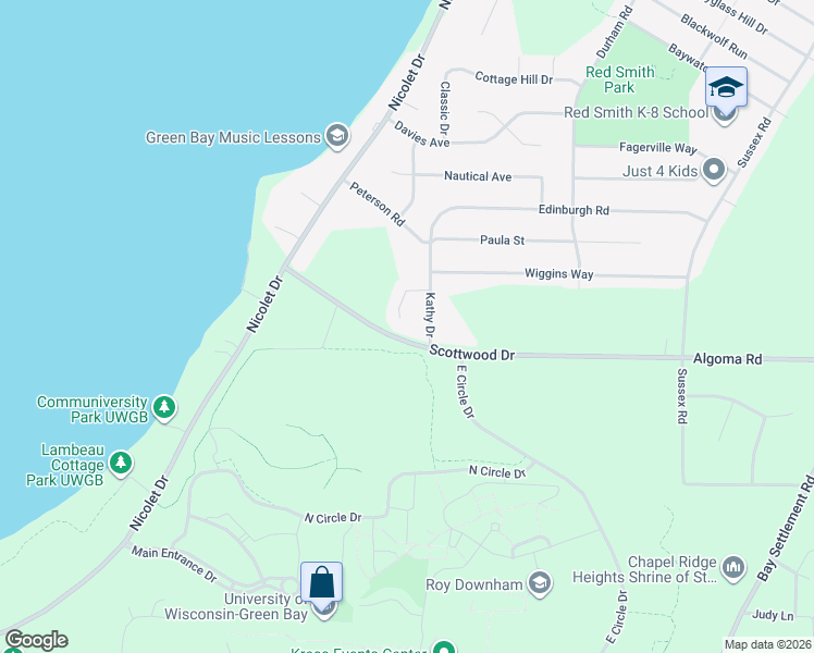 map of restaurants, bars, coffee shops, grocery stores, and more near 2625 Shore Ridge Court in Green Bay