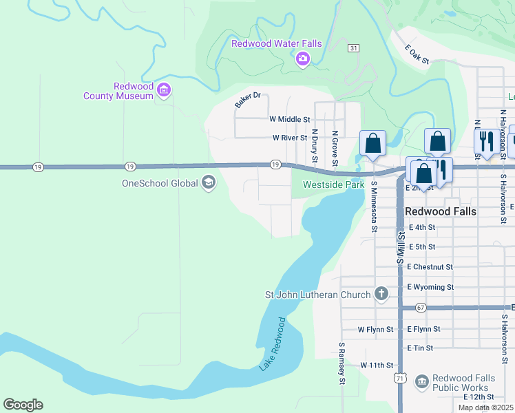 map of restaurants, bars, coffee shops, grocery stores, and more near 300 Westfalls Drive in Redwood Falls