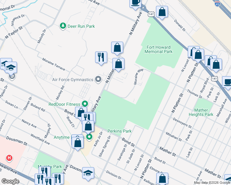 map of restaurants, bars, coffee shops, grocery stores, and more near 1534 Moraine Terrace in Green Bay