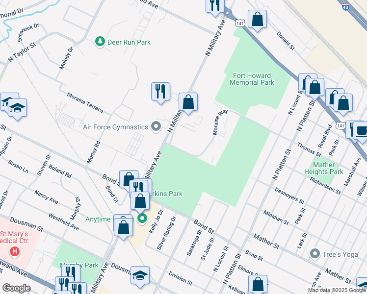 map of restaurants, bars, coffee shops, grocery stores, and more near 1534 Moraine Terrace in Green Bay
