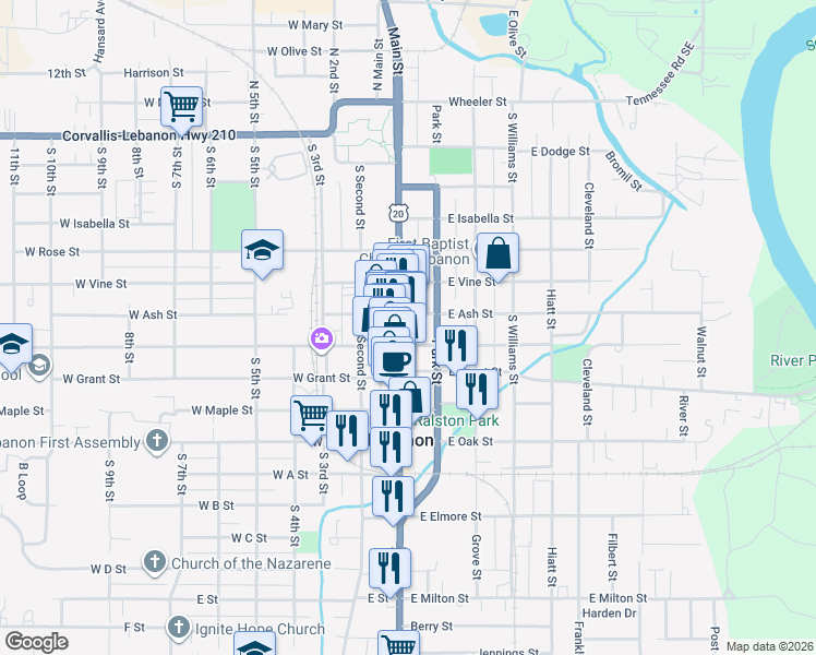 map of restaurants, bars, coffee shops, grocery stores, and more near 31 East Ash Street in Lebanon