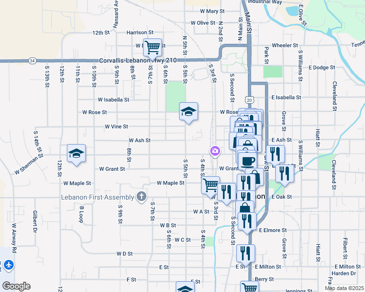 map of restaurants, bars, coffee shops, grocery stores, and more near 672 South 5th Street in Lebanon