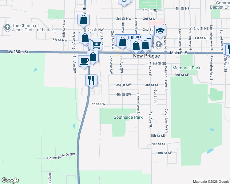 map of restaurants, bars, coffee shops, grocery stores, and more near 209 4th Street Southwest in New Prague