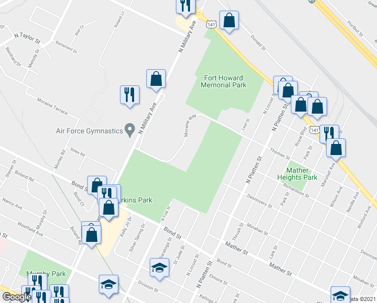 map of restaurants, bars, coffee shops, grocery stores, and more near 1022 Moraine Way in Green Bay