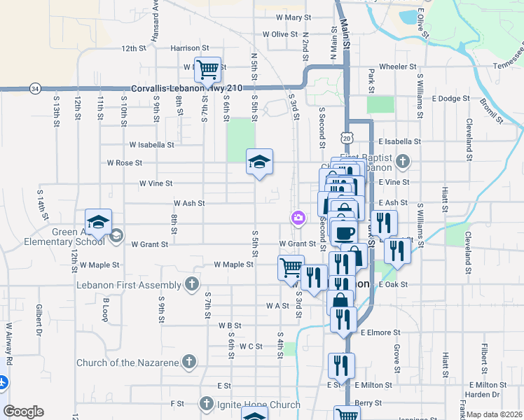 map of restaurants, bars, coffee shops, grocery stores, and more near 672 South 5th Street in Lebanon