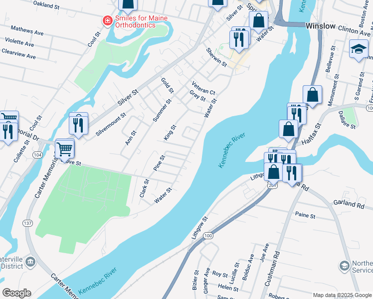 map of restaurants, bars, coffee shops, grocery stores, and more near 5 Carrean Street in Waterville