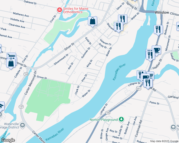 map of restaurants, bars, coffee shops, grocery stores, and more near 24 Pine Street in Waterville