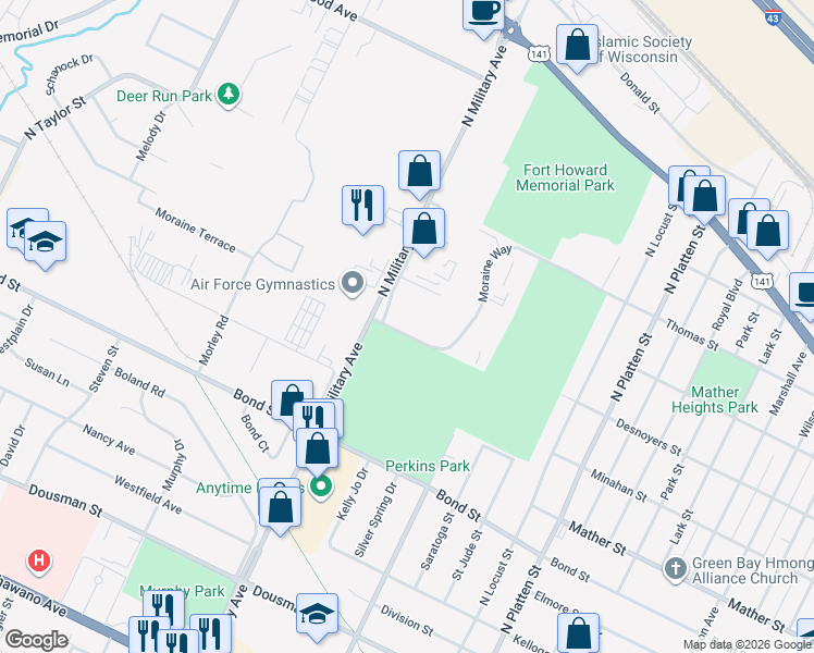 map of restaurants, bars, coffee shops, grocery stores, and more near 1534 Moraine Terrace in Green Bay