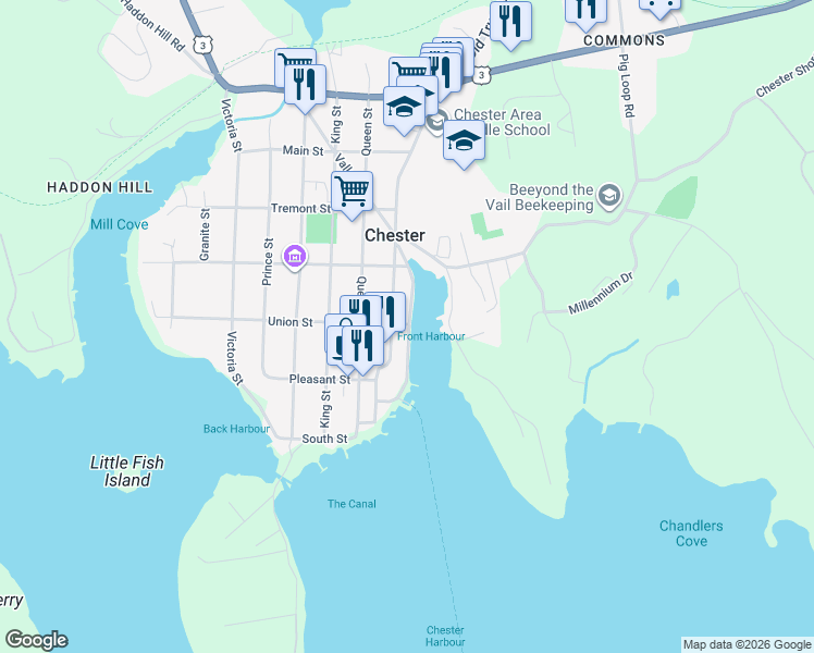 map of restaurants, bars, coffee shops, grocery stores, and more near 59 Union Street in Chester