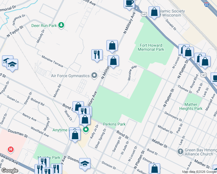 map of restaurants, bars, coffee shops, grocery stores, and more near 1534 Moraine Terrace in Green Bay