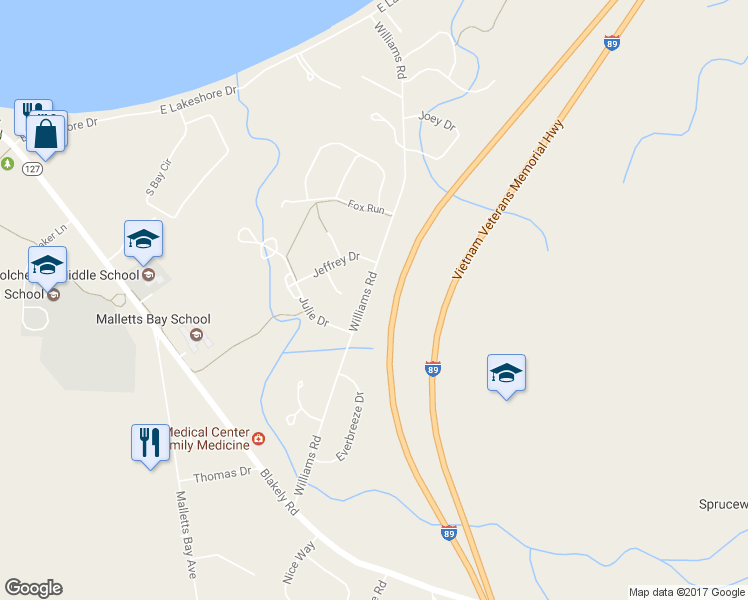 map of restaurants, bars, coffee shops, grocery stores, and more near 476 Williams Road in Colchester