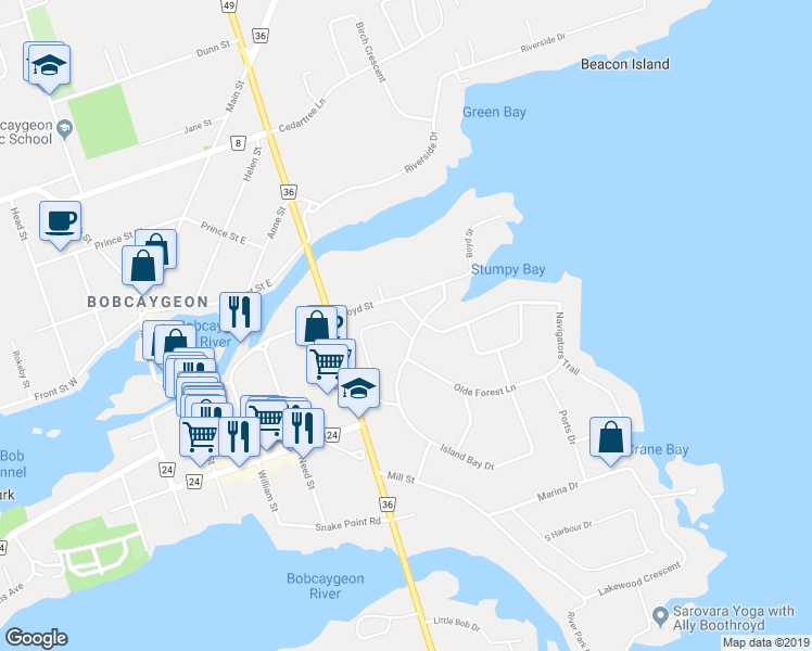map of restaurants, bars, coffee shops, grocery stores, and more near 4 Huntingwood Crescent in Kawartha Lakes