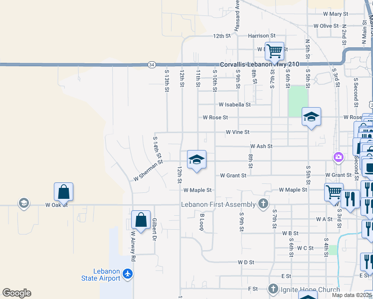 map of restaurants, bars, coffee shops, grocery stores, and more near 675 12th Street in Lebanon