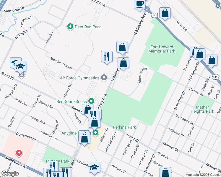 map of restaurants, bars, coffee shops, grocery stores, and more near 1550 Moraine Terrace in Green Bay