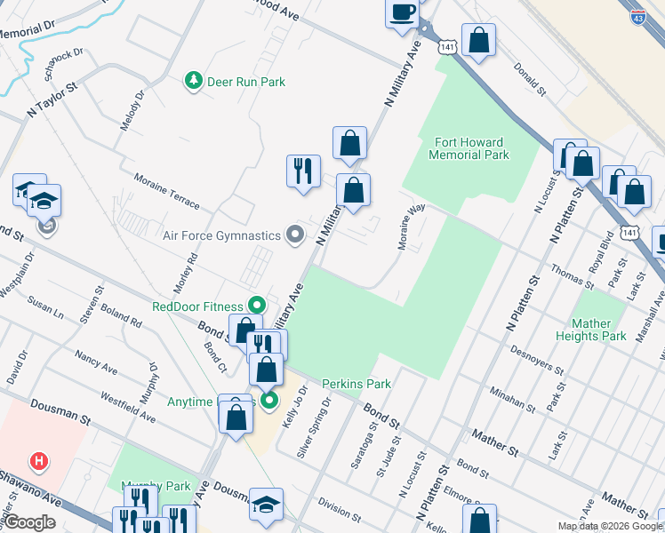 map of restaurants, bars, coffee shops, grocery stores, and more near 1534 Moraine Terrace in Green Bay