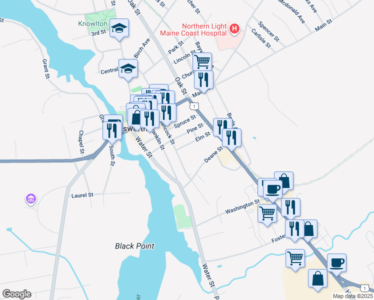 map of restaurants, bars, coffee shops, grocery stores, and more near 21 Elm Street in Ellsworth