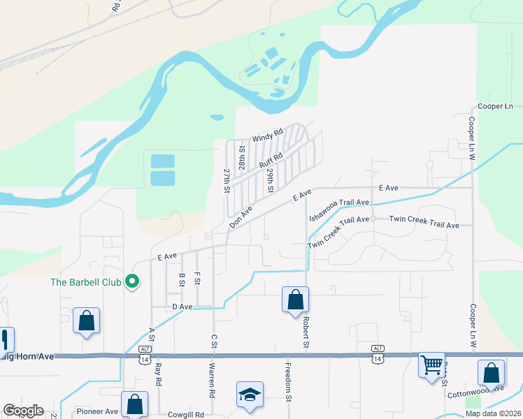 map of restaurants, bars, coffee shops, grocery stores, and more near 2901 E Avenue in Cody