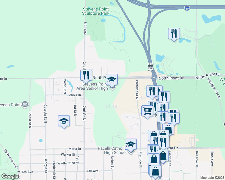 map of restaurants, bars, coffee shops, grocery stores, and more near 1201 Northpoint Drive in Stevens Point