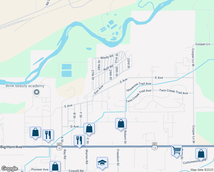 map of restaurants, bars, coffee shops, grocery stores, and more near 2904 E Avenue in Cody