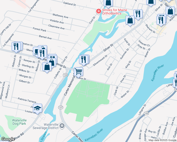 map of restaurants, bars, coffee shops, grocery stores, and more near 40 Silvermount Street in Waterville