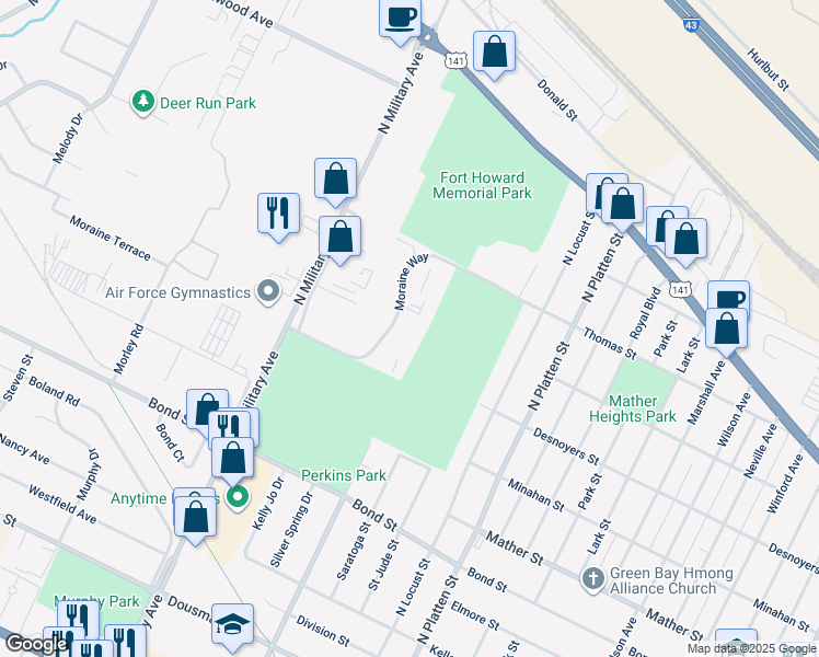 map of restaurants, bars, coffee shops, grocery stores, and more near 1018 Moraine Way in Green Bay