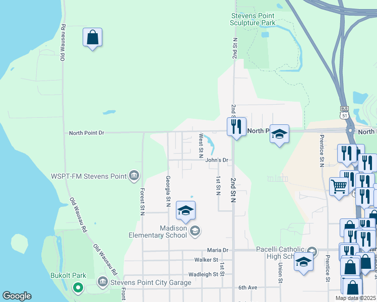 map of restaurants, bars, coffee shops, grocery stores, and more near 417 Frederick Street North in Stevens Point