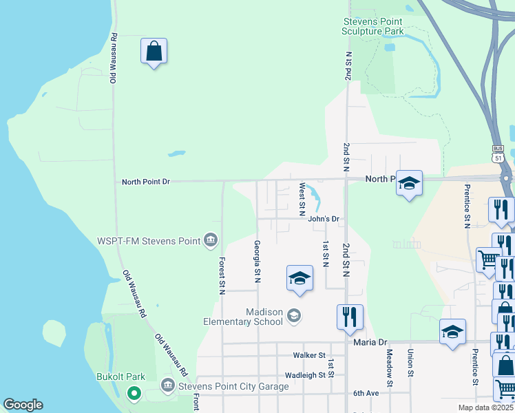 map of restaurants, bars, coffee shops, grocery stores, and more near 506 John's Drive in Stevens Point