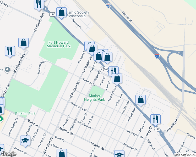 map of restaurants, bars, coffee shops, grocery stores, and more near 1206 Royal Boulevard in Green Bay