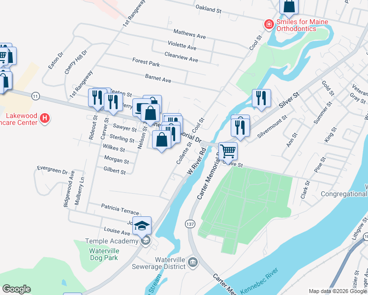 map of restaurants, bars, coffee shops, grocery stores, and more near 10 Collette Street in Waterville