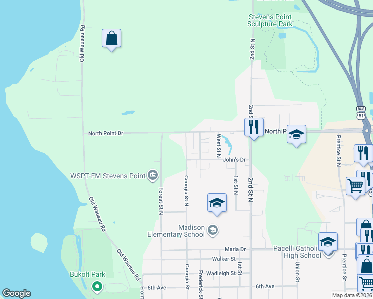 map of restaurants, bars, coffee shops, grocery stores, and more near 506 John's Drive in Stevens Point