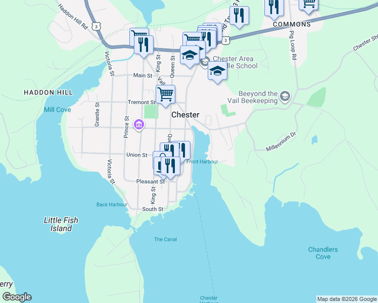 map of restaurants, bars, coffee shops, grocery stores, and more near 67 Water Street in Chester