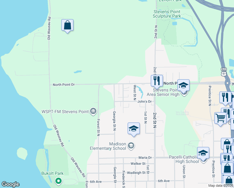 map of restaurants, bars, coffee shops, grocery stores, and more near 406 Frederick Street North in Stevens Point