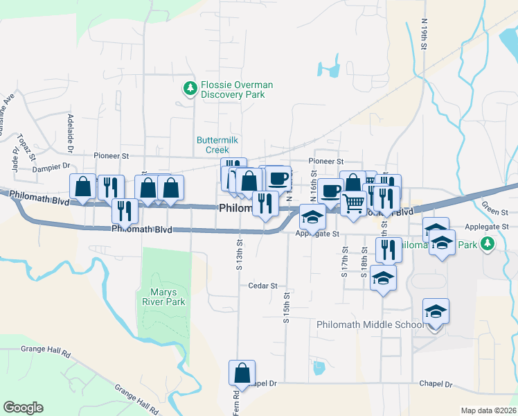 map of restaurants, bars, coffee shops, grocery stores, and more near 125 South 14th Street in Philomath