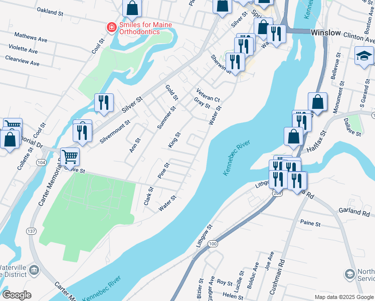 map of restaurants, bars, coffee shops, grocery stores, and more near 5 Carrean Street in Waterville
