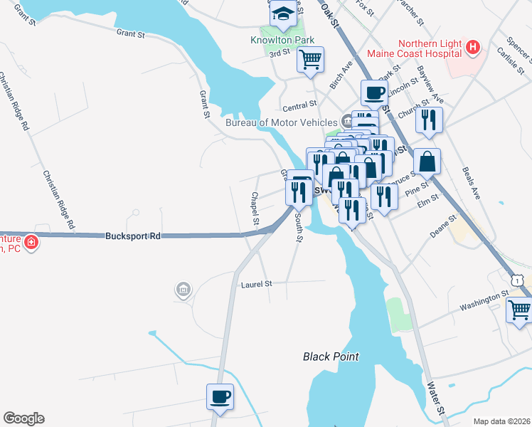 map of restaurants, bars, coffee shops, grocery stores, and more near 14 Youngs Avenue in Ellsworth