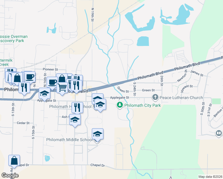 map of restaurants, bars, coffee shops, grocery stores, and more near 2148 Main Street in Philomath