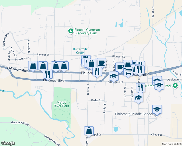 map of restaurants, bars, coffee shops, grocery stores, and more near Oregon 34 in Philomath