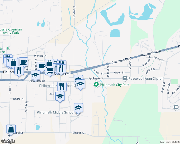 map of restaurants, bars, coffee shops, grocery stores, and more near 2148 Main Street in Philomath