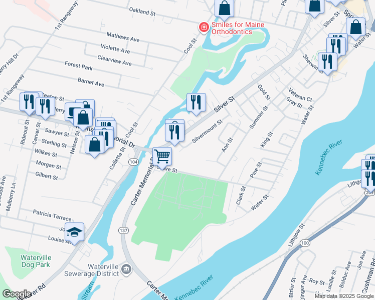 map of restaurants, bars, coffee shops, grocery stores, and more near 40 Silvermount Street in Waterville