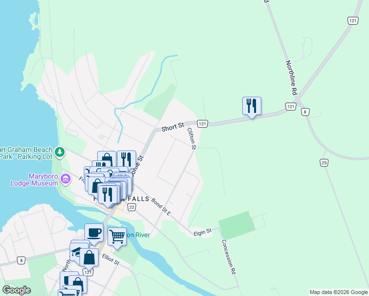 map of restaurants, bars, coffee shops, grocery stores, and more near 115 Clifton Street in Kawartha Lakes
