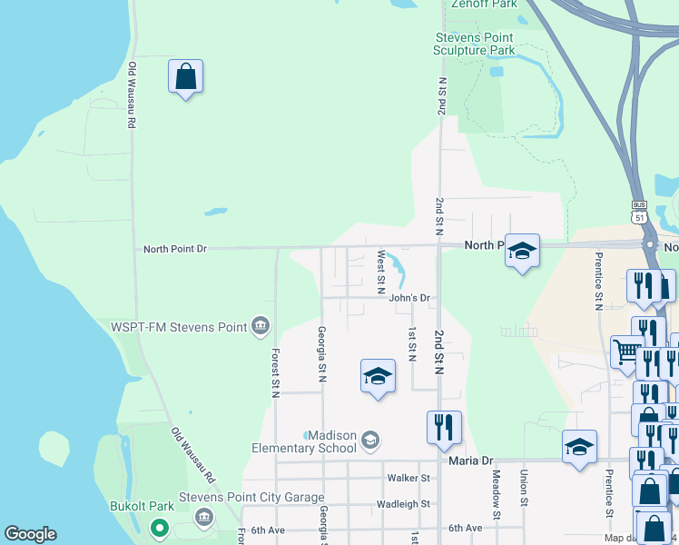 map of restaurants, bars, coffee shops, grocery stores, and more near 406 Frederick Street North in Stevens Point