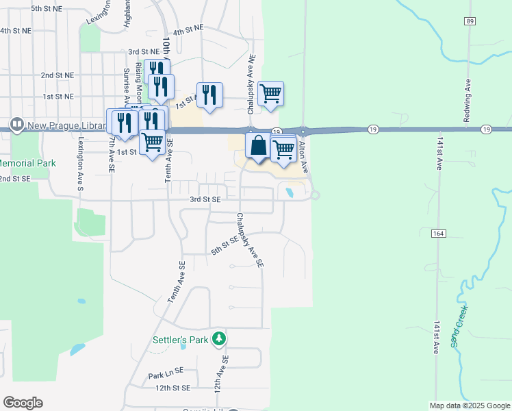 map of restaurants, bars, coffee shops, grocery stores, and more near 403 Chalupsky Avenue Southeast in New Prague