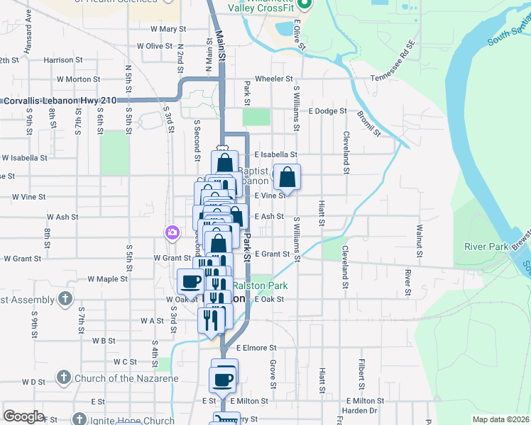 map of restaurants, bars, coffee shops, grocery stores, and more near 661 Grove Street in Lebanon
