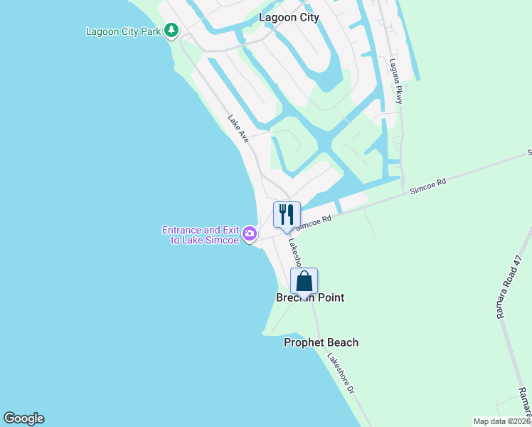 map of restaurants, bars, coffee shops, grocery stores, and more near 2788 Simcoe Road in Brechin