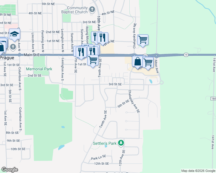 map of restaurants, bars, coffee shops, grocery stores, and more near 500 Doherty Avenue Southeast in New Prague