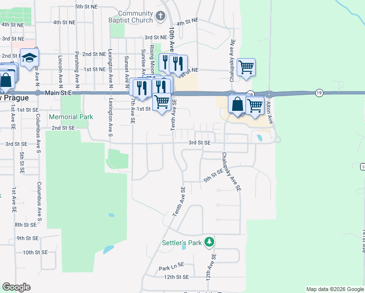 map of restaurants, bars, coffee shops, grocery stores, and more near 1107 Village Street in New Prague