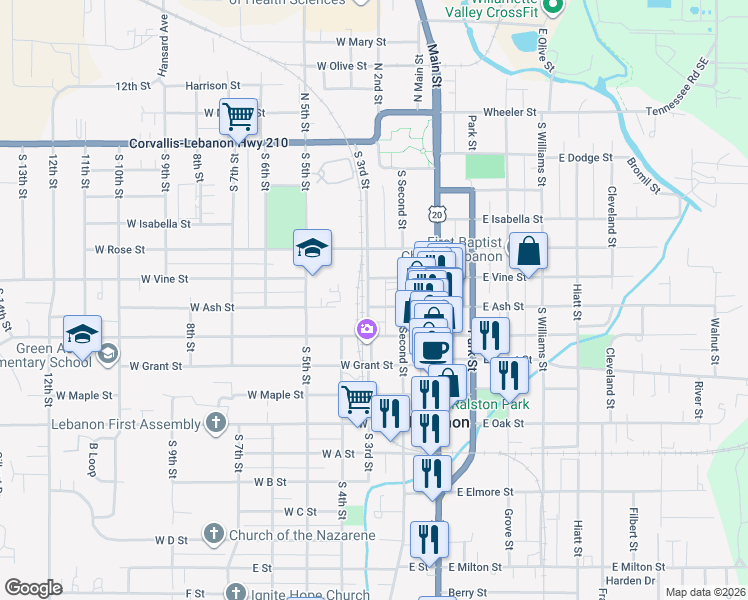 map of restaurants, bars, coffee shops, grocery stores, and more near 185 West Ash Street in Lebanon