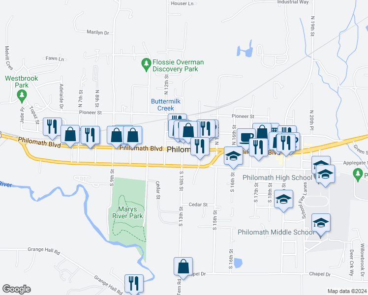 map of restaurants, bars, coffee shops, grocery stores, and more near 1301 Philomath Boulevard in Philomath