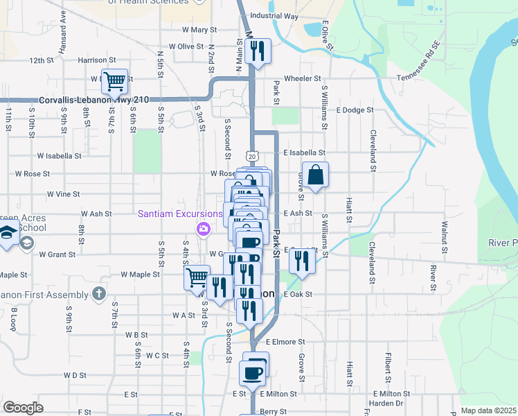 map of restaurants, bars, coffee shops, grocery stores, and more near 481 South Main Street in Lebanon