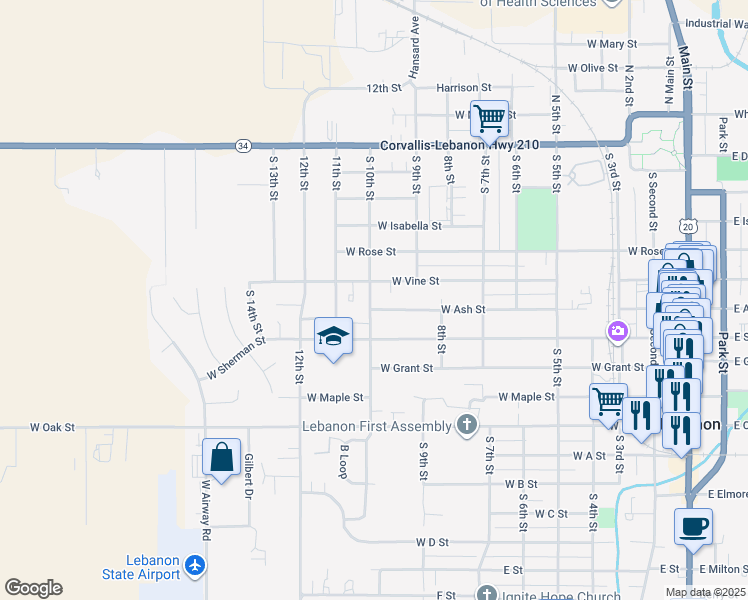 map of restaurants, bars, coffee shops, grocery stores, and more near 865 West Vine Street in Lebanon